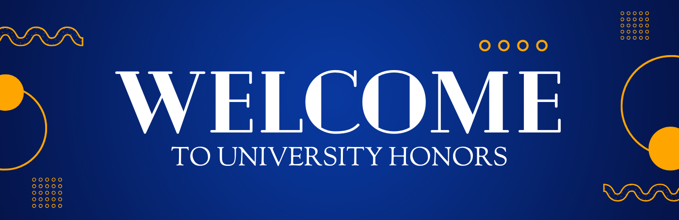 blue welcome banner with gold accents