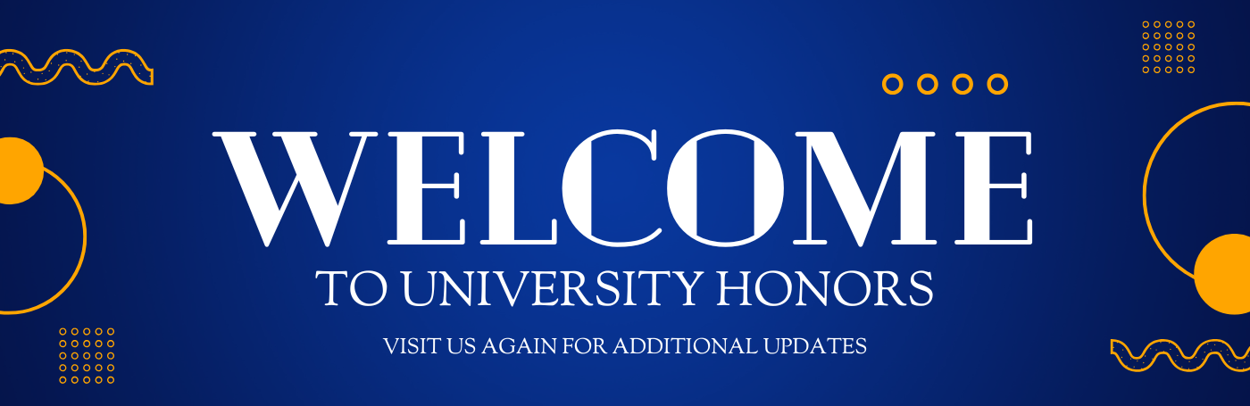 blue welcome banner with gold accents
