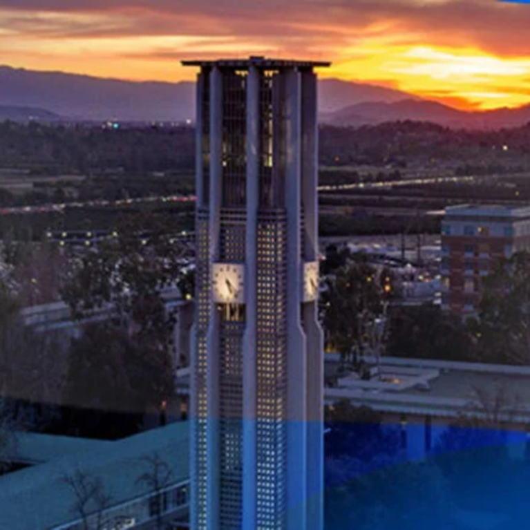 Aerial photo of UCR Bell Tower at Sunset