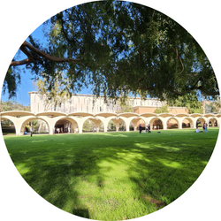 UCR Rivera Library Arches with grassy area in foreground