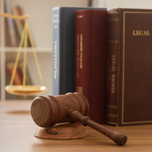 Close up of gavel set in front of legal text books