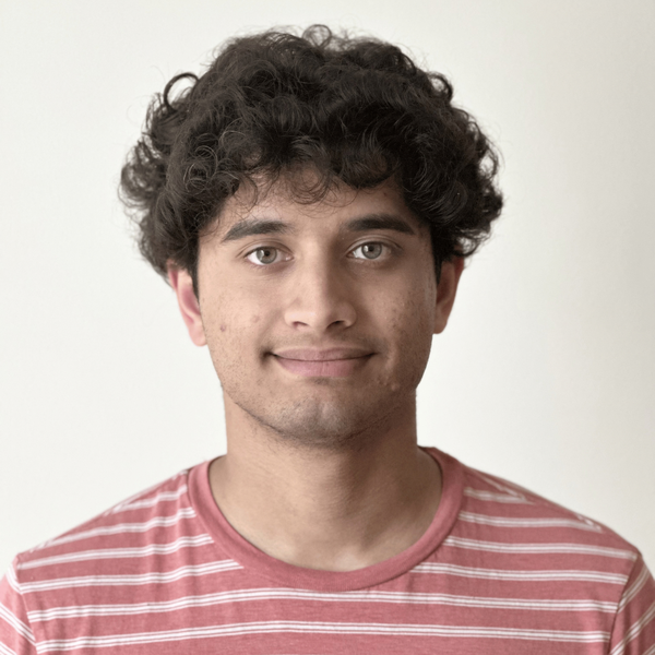 Headshot of a person with curly dark hair wearing a pink-and-white striped t-shirt, facing forward against a plain light background.