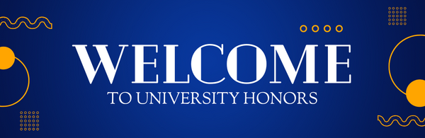 Blue welcome banner with gold accents 