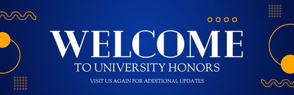 Blue welcome banner with gold accents 