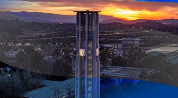 Aerial photo of UCR Bell Tower at Sunset