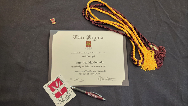 Tau Sigma Regalia; pin; certificate; sticker; and pen laid out on black fabric
